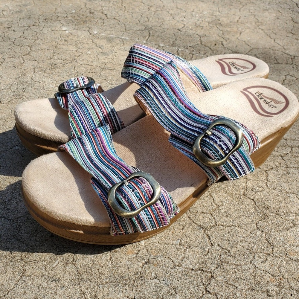 Dansko Sophie Multi Color Strappy Striped Leather Slide Sandals Wedge 37 Casual - Picture 6 of 11